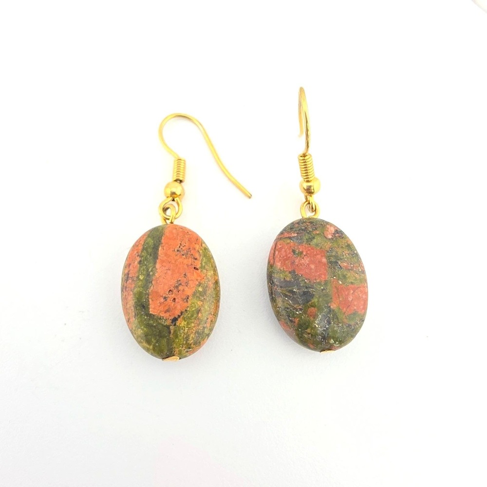 Handcrafted Unakite Earrings Orange & Green Dangle Earrings Polished Gold Tone
